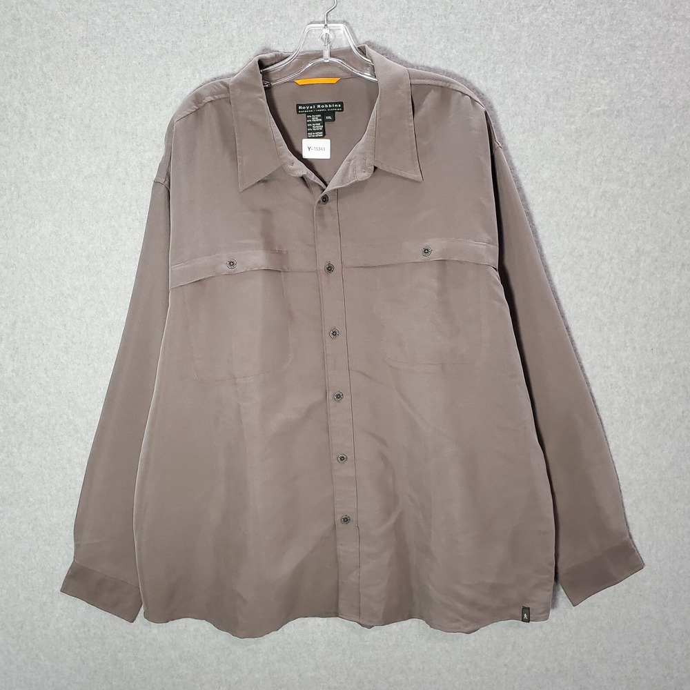 VINTAGE Royal Robbins Men Button Up Shirt 2XL Brown Outdoor Travel Logo